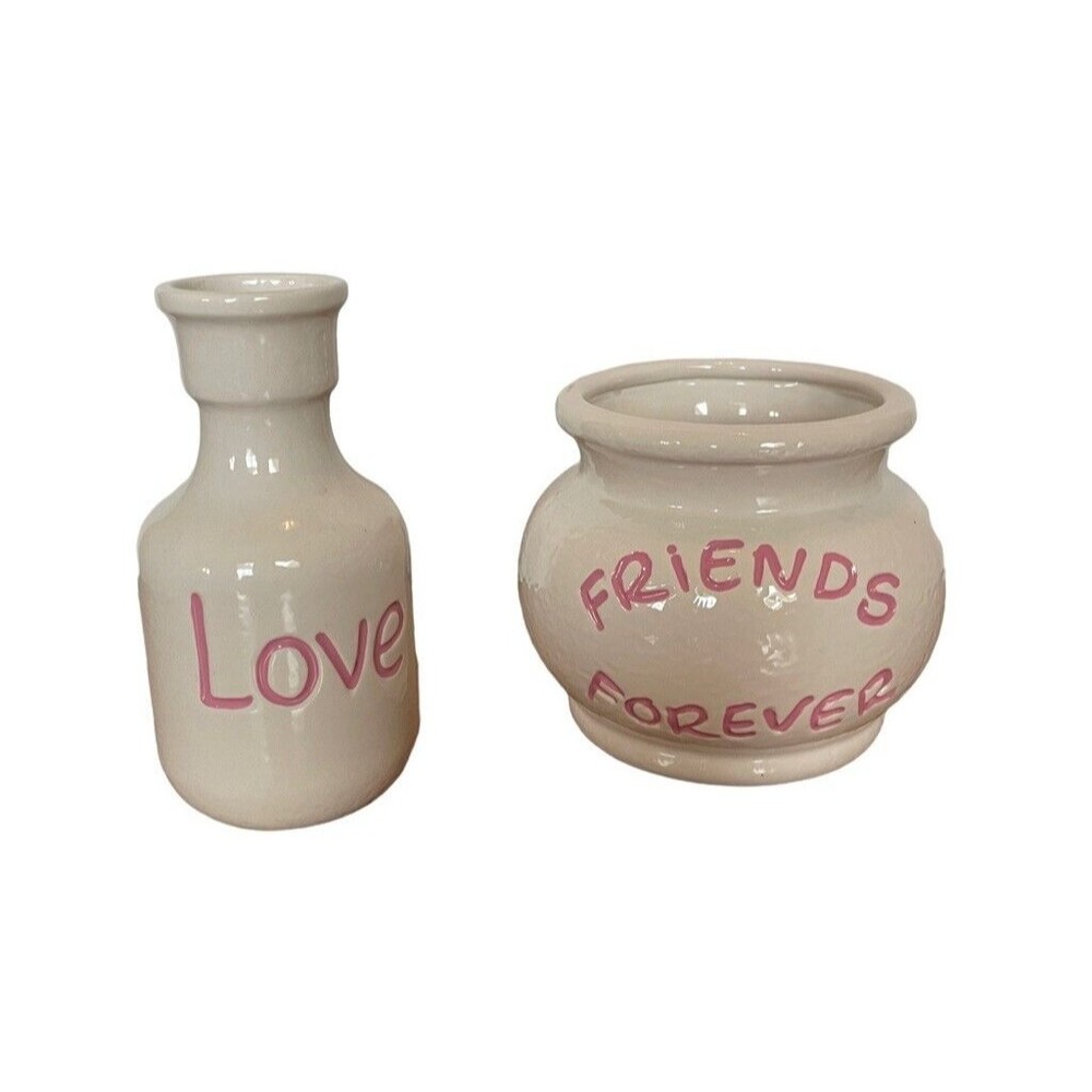 Friends Forever & Love Ceramic Vase & Pot Set Cream Pink Decor